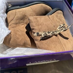 Women's Tan Boots with Leopard Bow